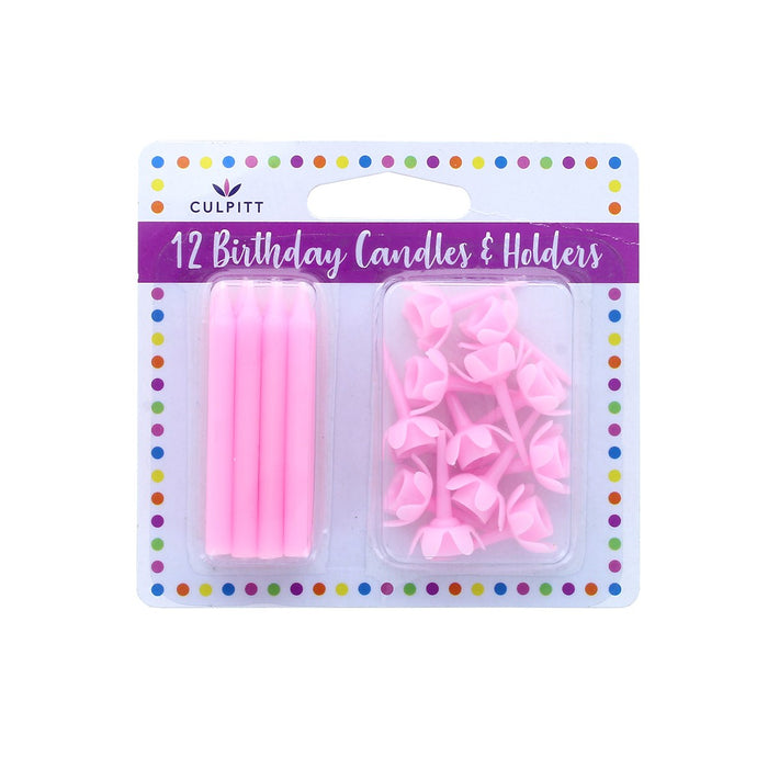 Pink Candles And Holders 12pk