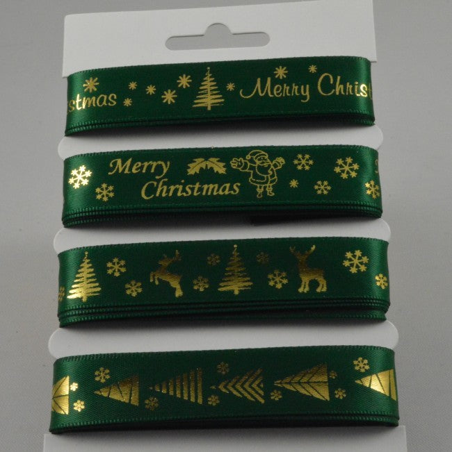 15mm Assortment Merry Christmas Green Ribbon 4 x 2 Mtr