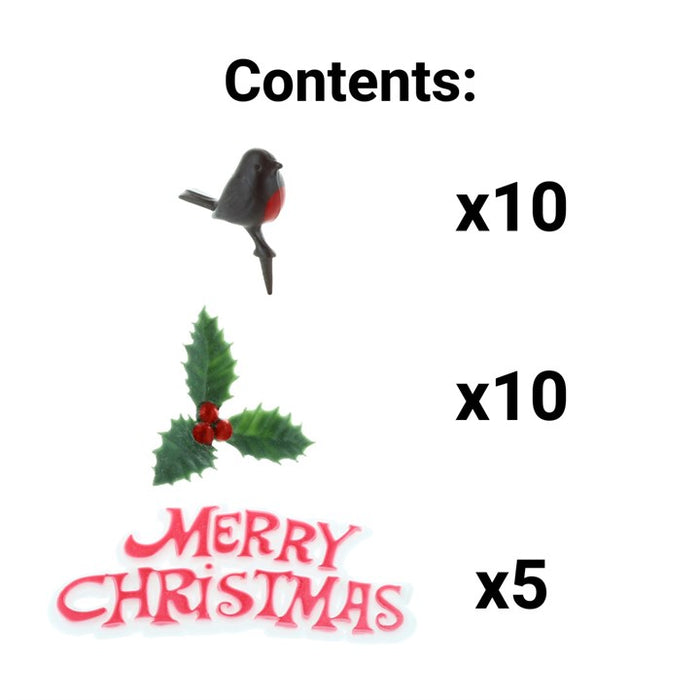 Cake Toppers - Holly, Robin & Motto - 25 Pack