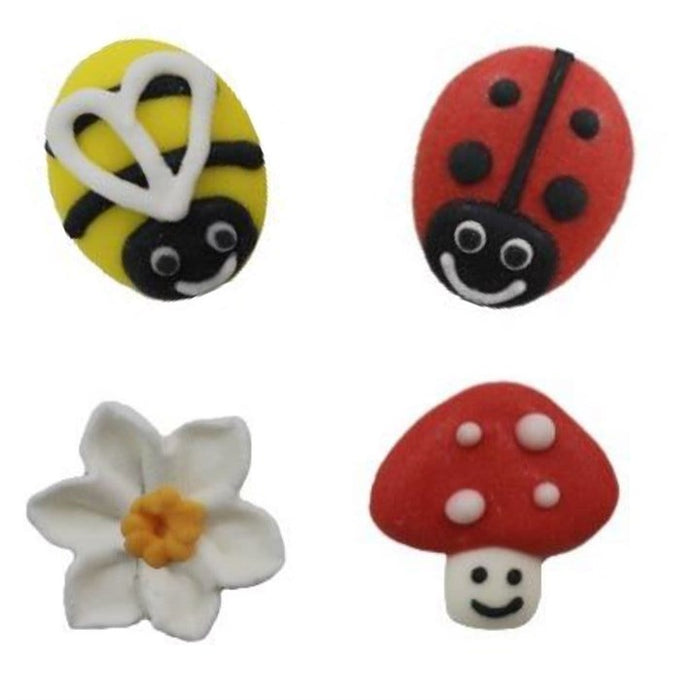Ladybird, Bee, Mushroom & Daisy Sugar Decorations - 12 pack
