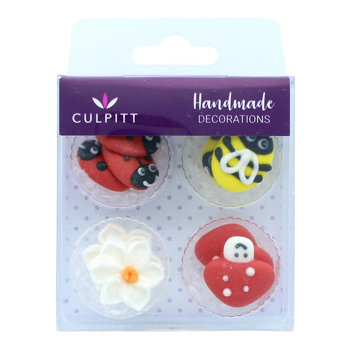 Ladybird, Bee, Mushroom & Daisy Sugar Decorations - 12 pack