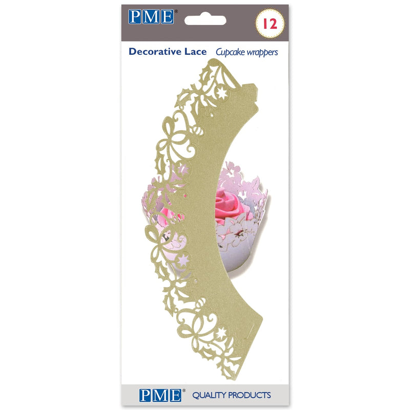 Cupcake Wrappers - Gold Holly Cupcake Wrappers Pk/12