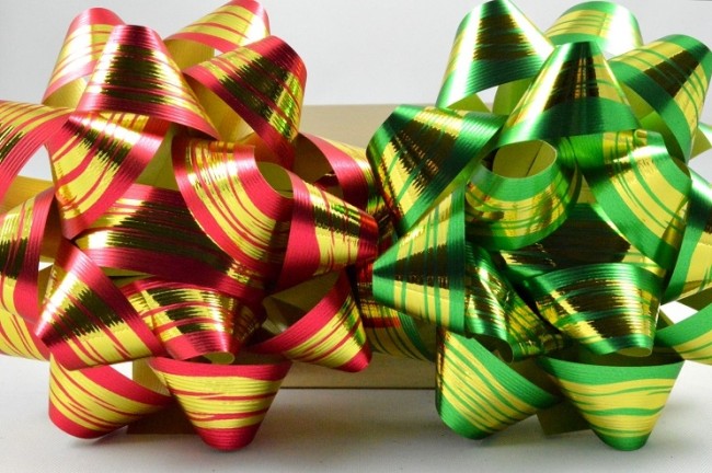 2 x Golden Striped Self Adhesive Bows Green