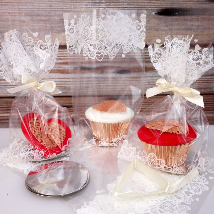 Printed Heart Cupcake Bags With Ribbon Ties - Pack Of 12