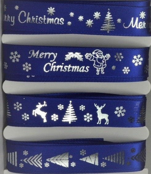 15mm Assortment Blue Merry Christmas Ribbon 4 x 2 Mtr