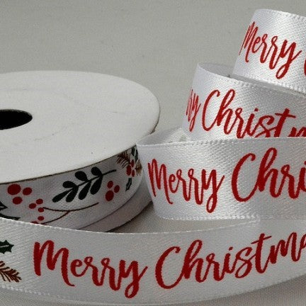 15mm White Merry Christmas Holly & Berries Ribbon 10Mtr