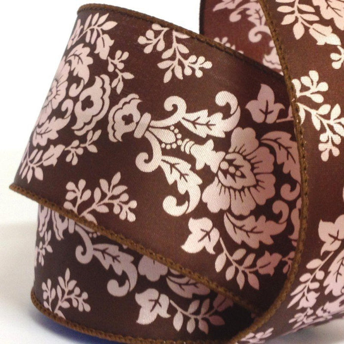 63mm Brown & Pink Damask Wired Edge 2.7 Metre - Bakeworld.ie