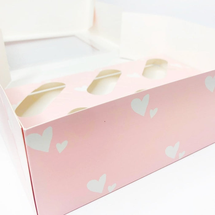 6 Cupcake Box - Pink White Heart