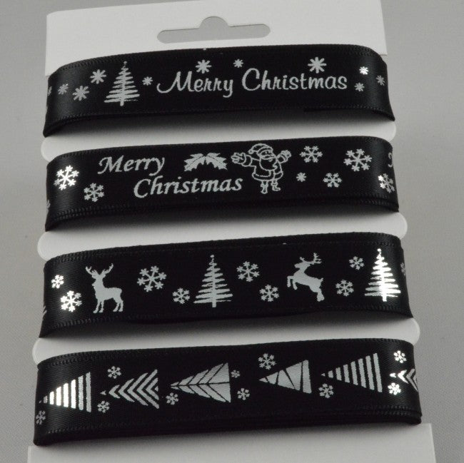 15mm Assortment Black Merry Christmas Ribbon 4 x 2 Mtr
