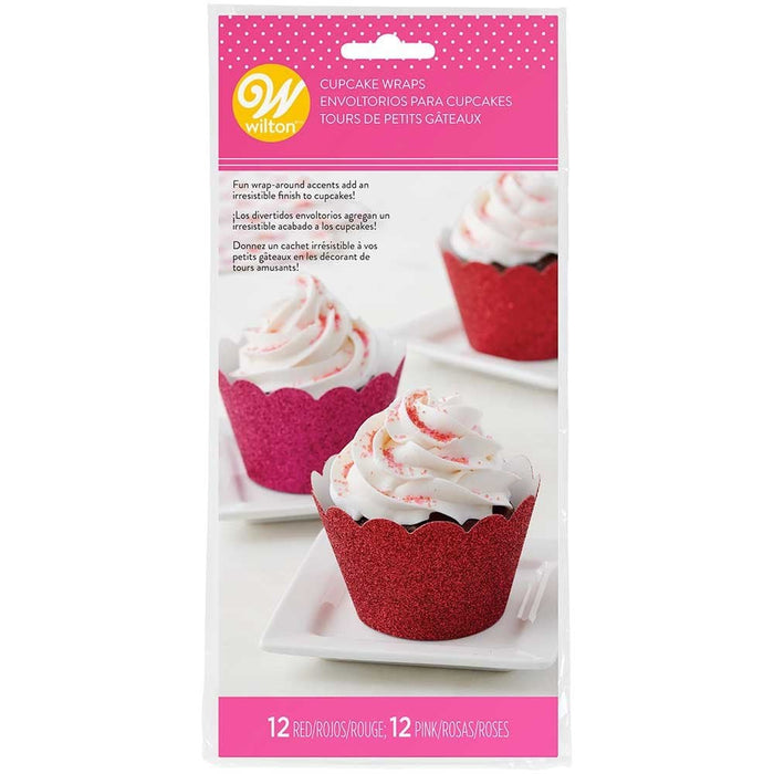 Red and Pink Glitter Cupcake Wraps 24Pk